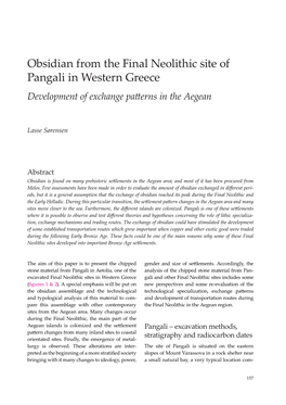 Obsidian from the Final Neolithic Site of Pangali in Western Greece Development of Exchange Patterns in the Aegean
