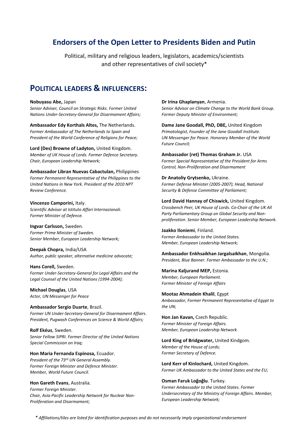 Endorsers of the Open Letter to Presidents Biden and Putin