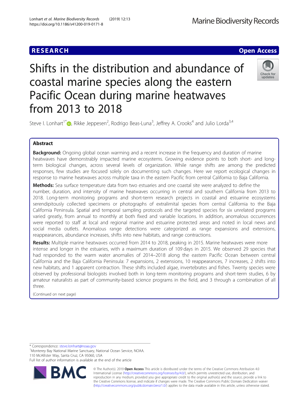 Shifts in the Distribution and Abundance of Coastal Marine Species Along the Eastern Pacific Ocean During Marine Heatwaves from 2013 to 2018 Steve I