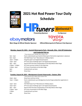 2021 Hot Rod Power Tour Daily Schedule