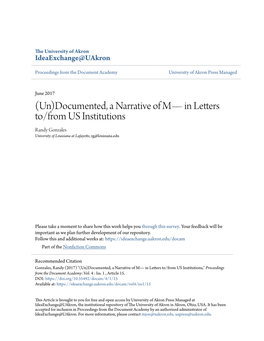 (Un)Documented, a Narrative of M— in Letters To/From US Institutions Randy Gonzales University of Louisiana at Lafayette, Rg@Louisiana.Edu