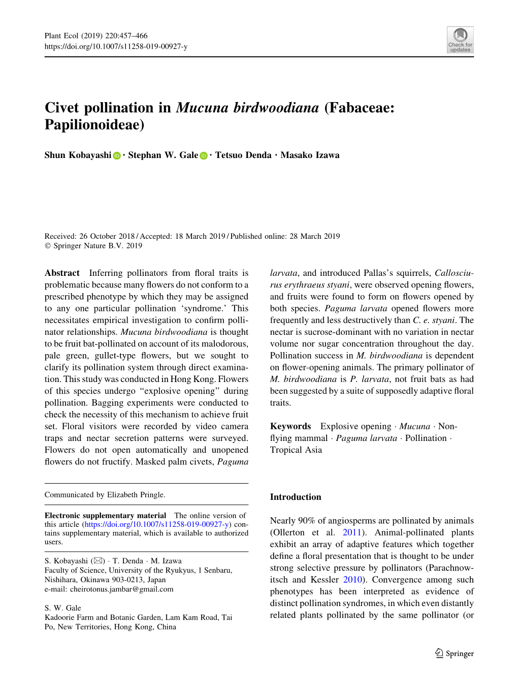 Civet Pollination in Mucuna Birdwoodiana (Fabaceae: Papilionoideae)