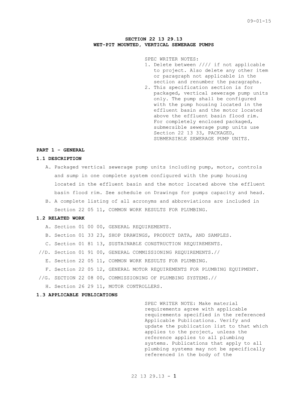 Section 22 13 29.13 -WET-PIT MOUNTED, VERTICAL SEWERAGE PUMPS