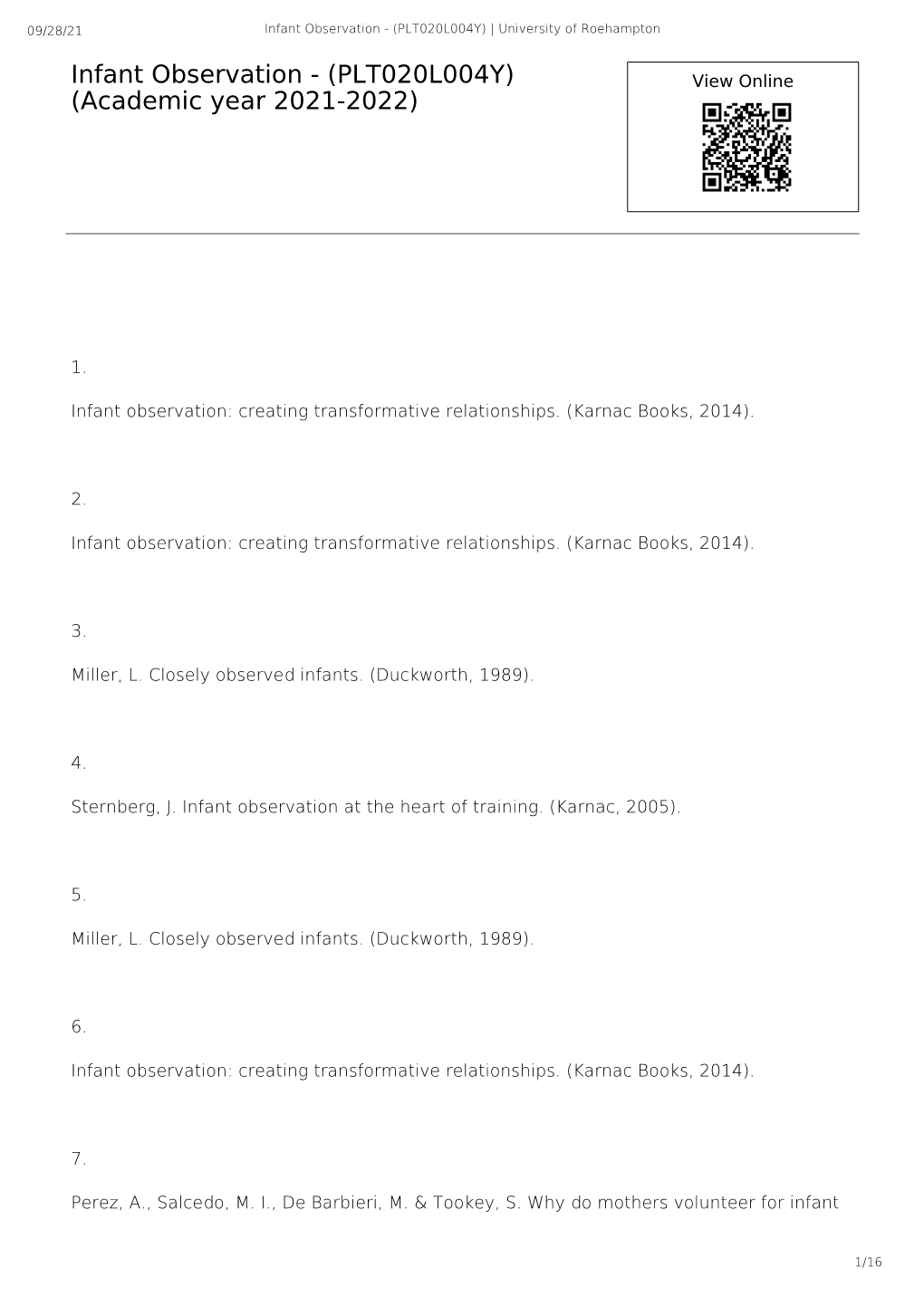 Infant Observation - (PLT020L004Y) | University of Roehampton