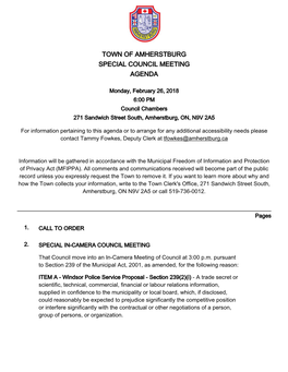 Town of Amherstburg Special Council Meeting Agenda