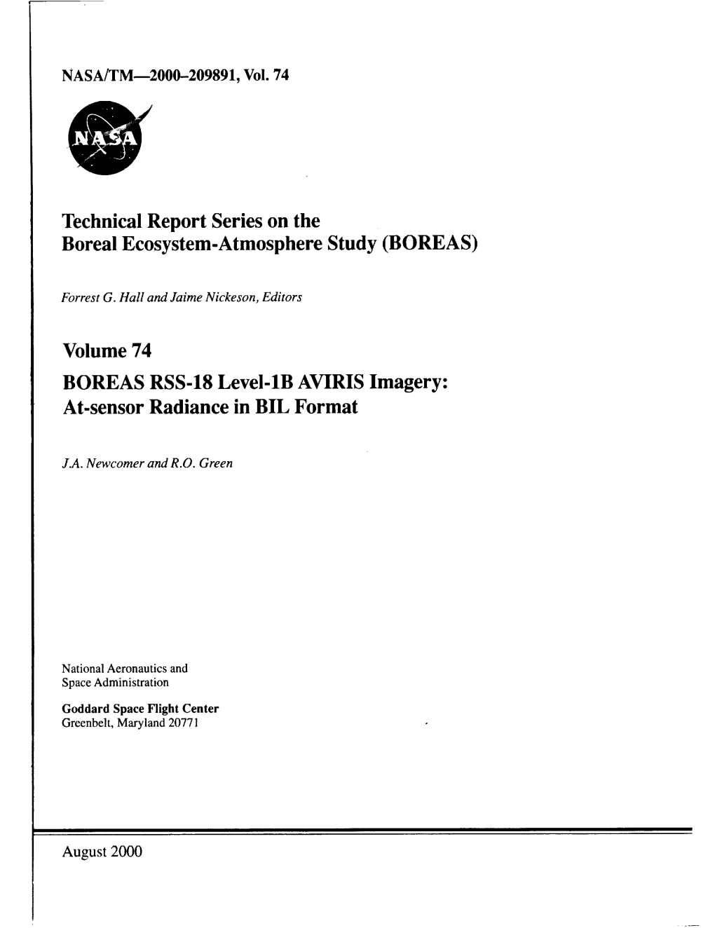 Volume 74 BOREAS RSS-18 Level-Lb AVIRIS Imagery