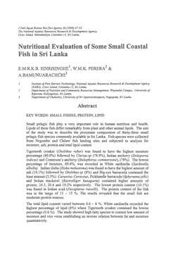 Nutritional Evaluation of Some Small Coastal Fish in Sri Lanka