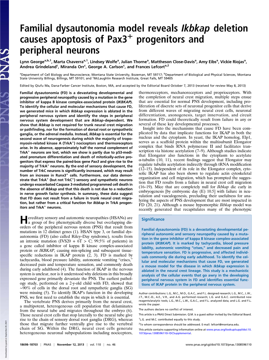 Familial Dysautonomia Model Reveals Ikbkap Deletion Causes Apoptosis Of