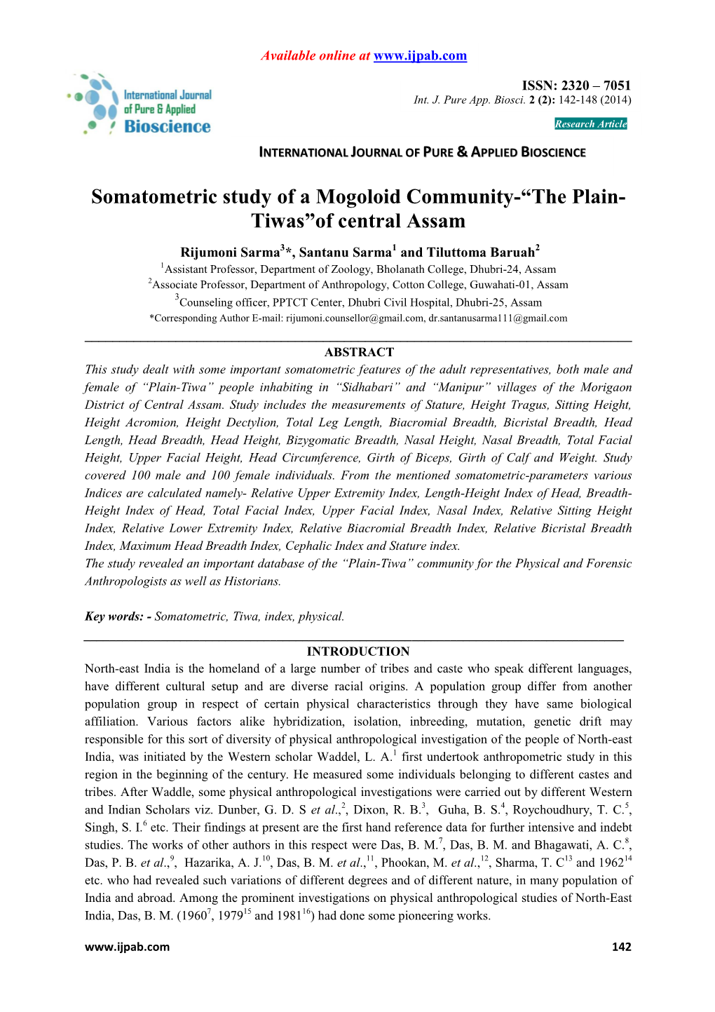 Somatometric Study of a Mogoloid Community-“The Plain- Tiwas”