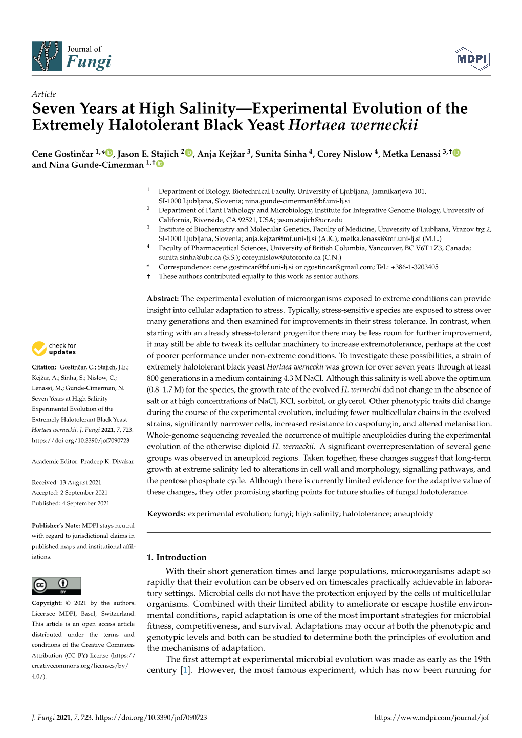 Seven Years at High Salinity—Experimental Evolution of the Extremely Halotolerant Black Yeast Hortaea Werneckii