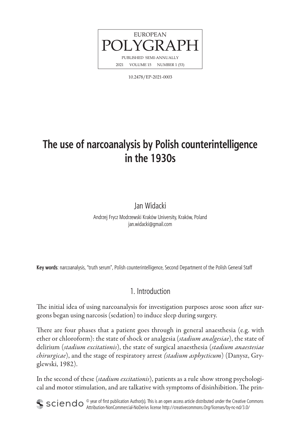 The Use of Narcoanalysis by Polish Counterintelligence in the 1930S