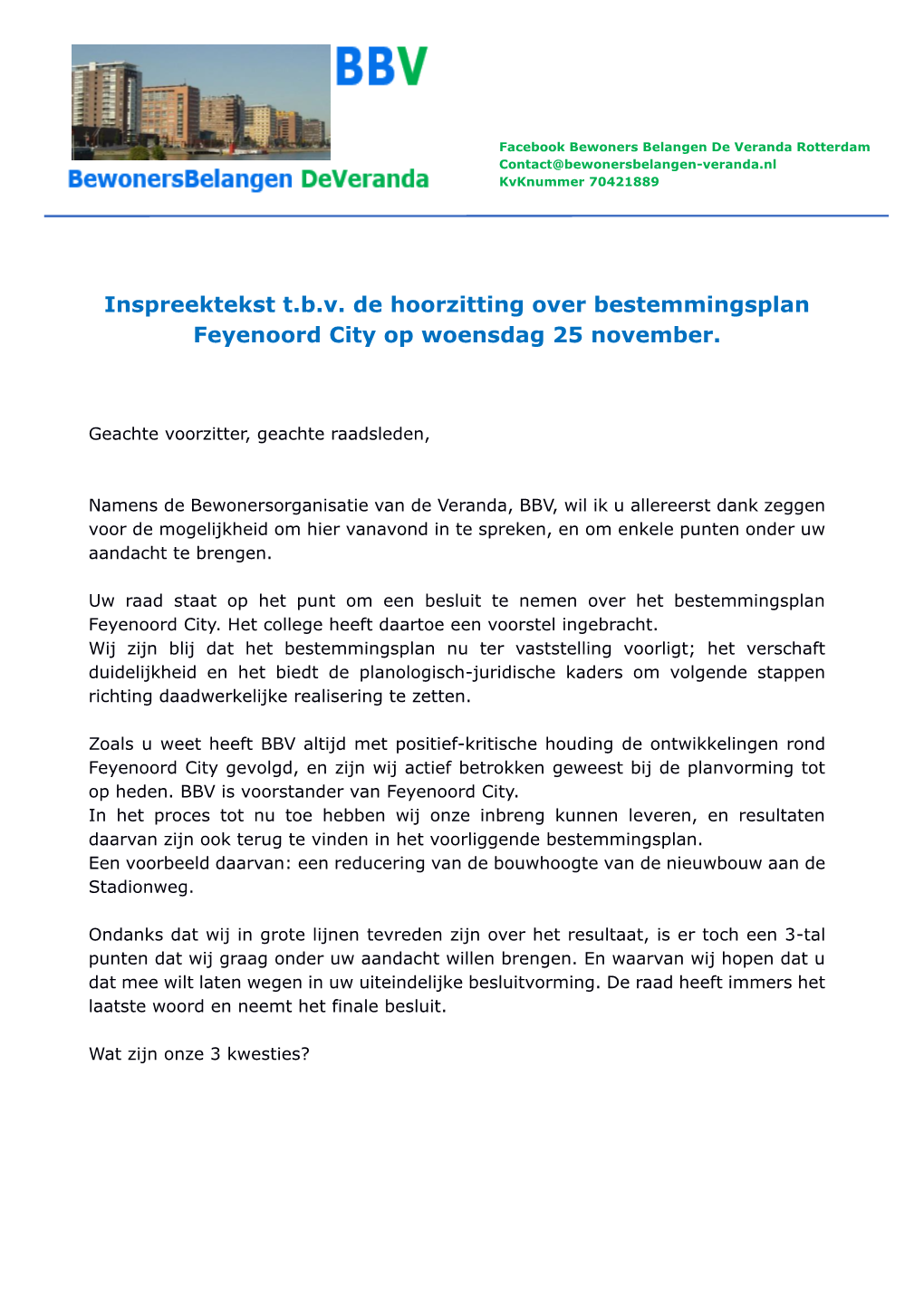 Inspreektekst T.B.V. De Hoorzitting Over Bestemmingsplan Feyenoord City Op Woensdag 25 November