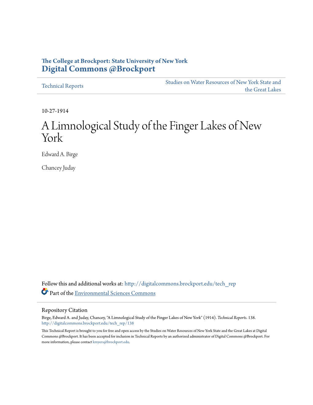 A Limnological Study of the Finger Lakes of New York Edward A