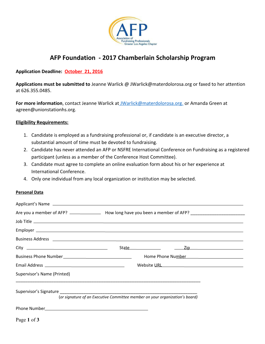 AFP Foundation - 2017 Chamberlain Scholarship Program