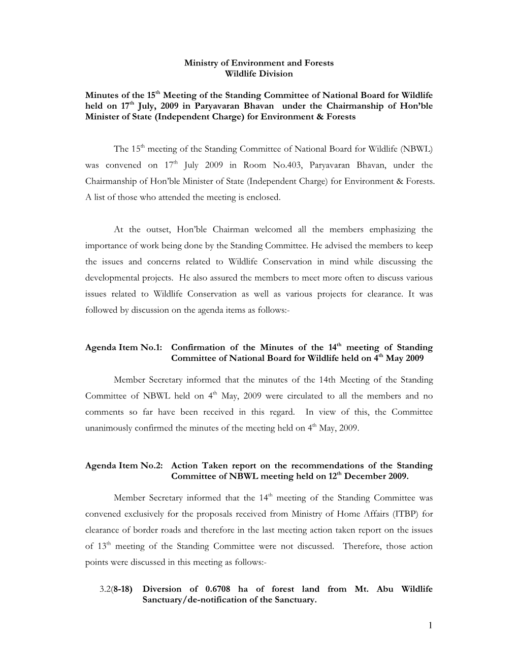 1 Ministry of Environment and Forests Wildlife Division Minutes of the 15Th Meeting of the Standing Committee of National Board