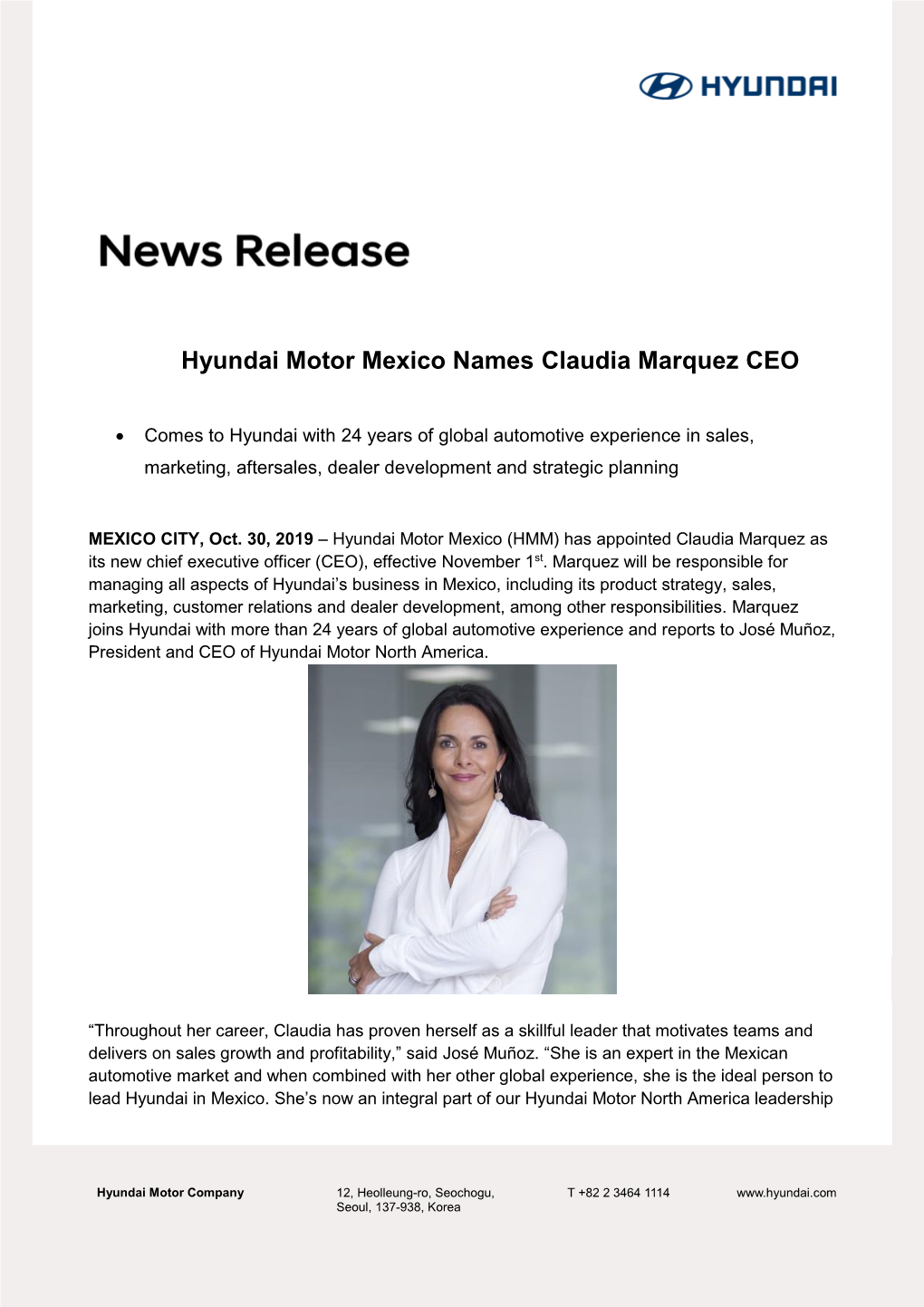 Hyundai Motor Mexico Names Claudia Marquez CEO