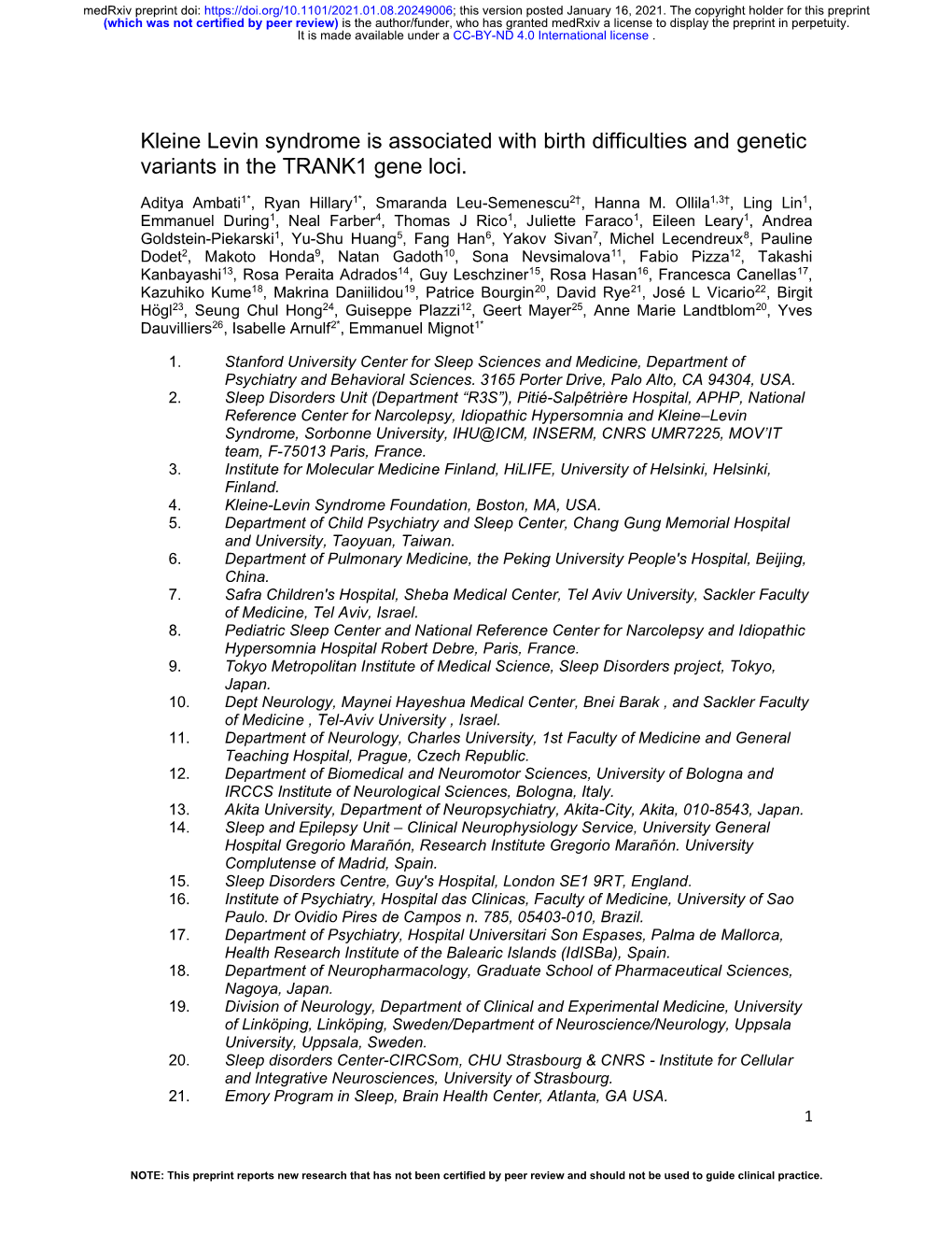 Kleine Levin Syndrome Is Associated with Birth Difficulties and Genetic Variants in the TRANK1 Gene Loci