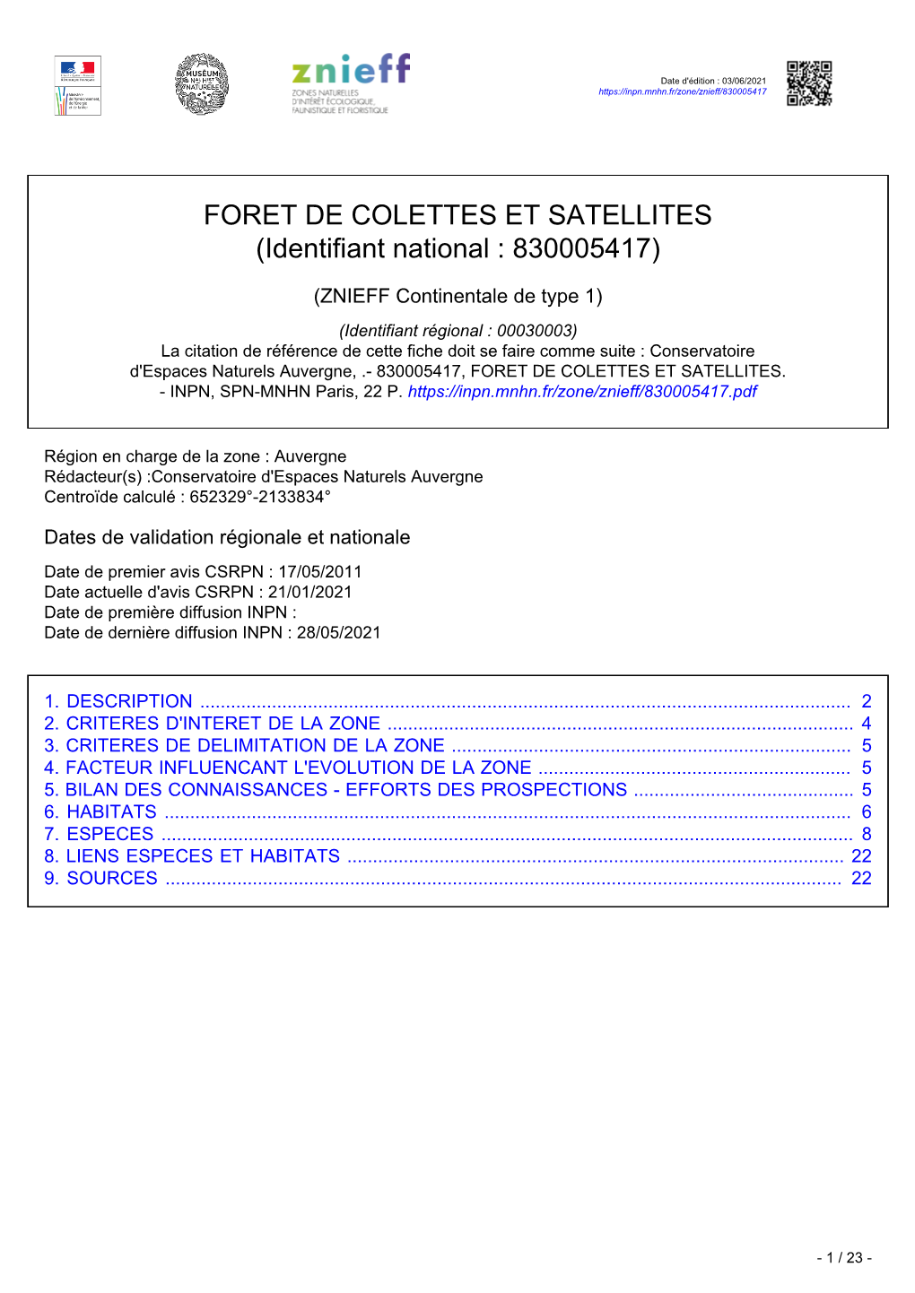 FORET DE COLETTES ET SATELLITES (Identifiant National : 830005417)