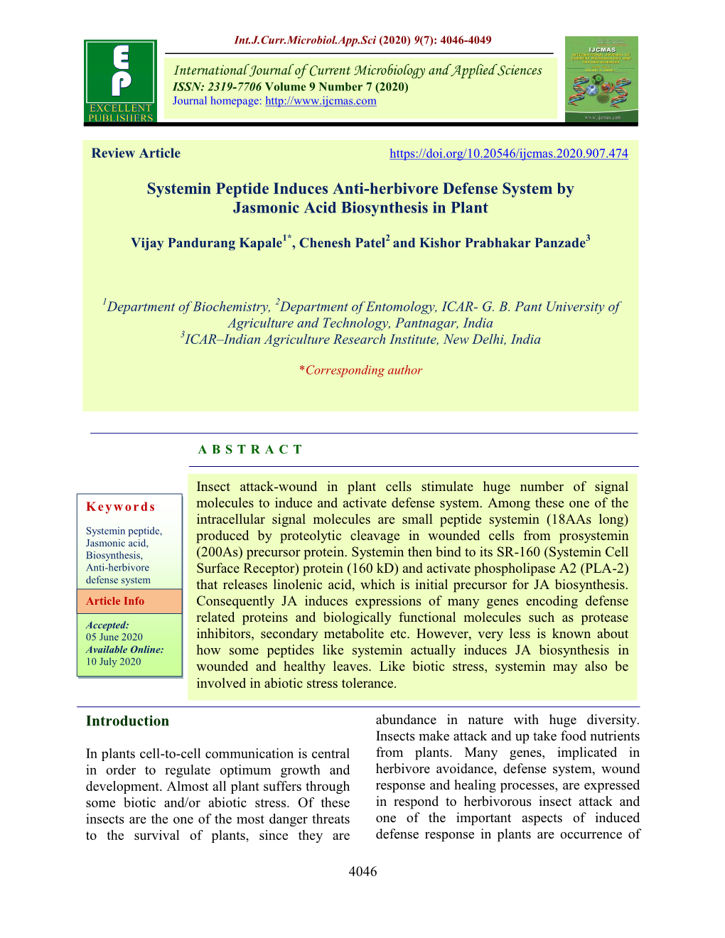 Systemin Peptide Induces Anti-Herbivore Defense System by Jasmonic Acid Biosynthesis in Plant