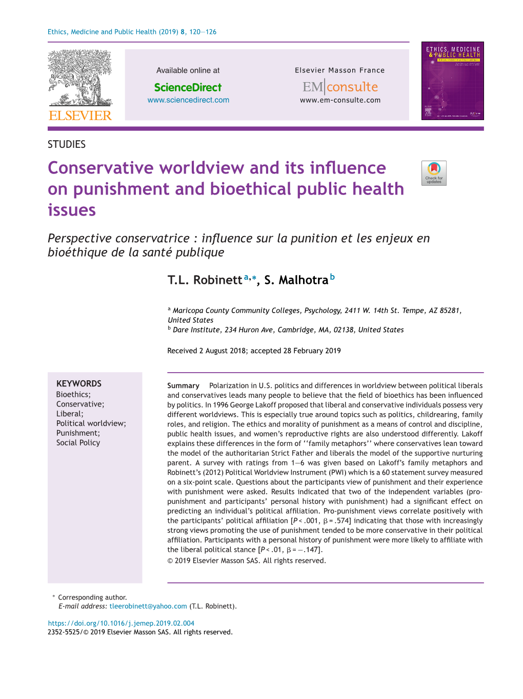 Conservative Worldview and Its Influence on Punishment and Bioethical Public Health Issues