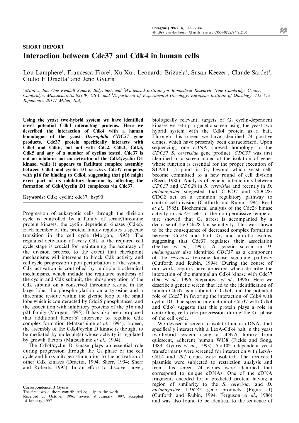 Interaction Between Cdc37 and Cdk4 in Human Cells