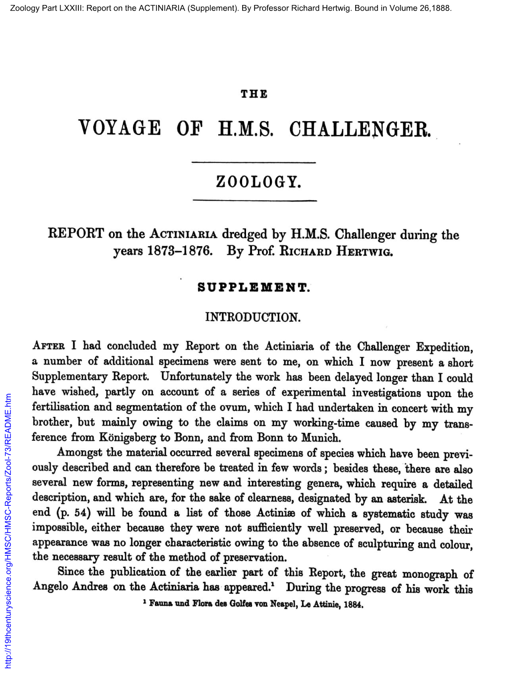 TEE VOYAGE of HMS CHALLENGER. ZOOLOGY. REPORT on The
