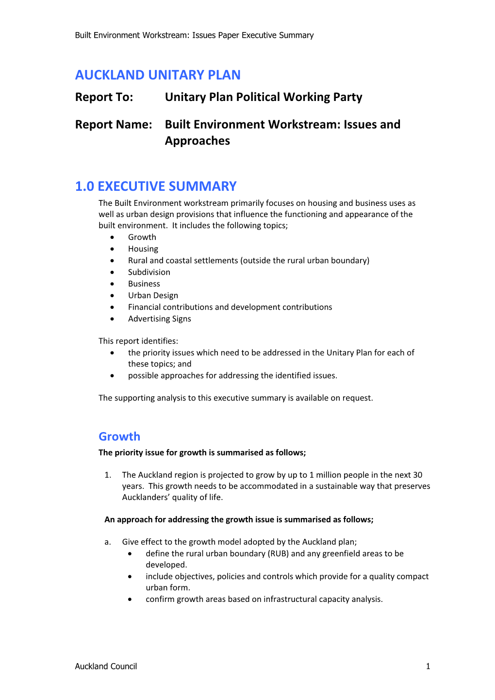 UNITARY PLAN Report To: Unitary Plan Political Working Party