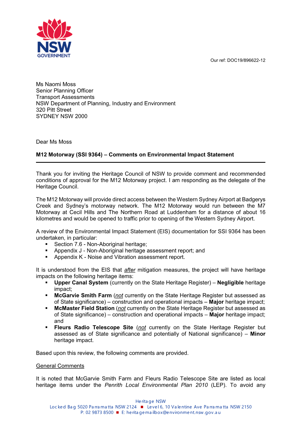 Ms Naomi Moss Senior Planning Officer Transport Assessments NSW Department of Planning, Industry and Environment 320 Pitt Street SYDNEY NSW 2000