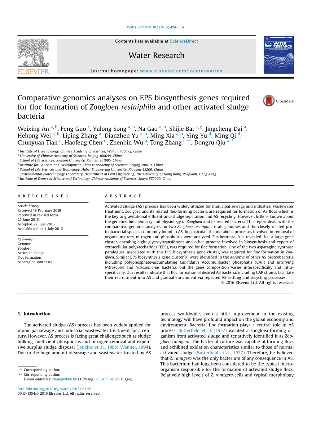 Comparative Genomics Analyses on EPS Biosynthesis Genes Required for Floc Formation of Zoogloea Resiniphila and Other Activated