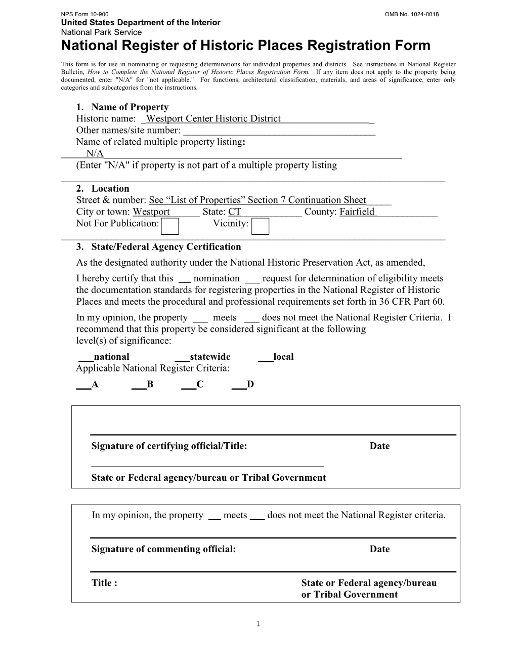 Westport Center Historic District Nominating Form