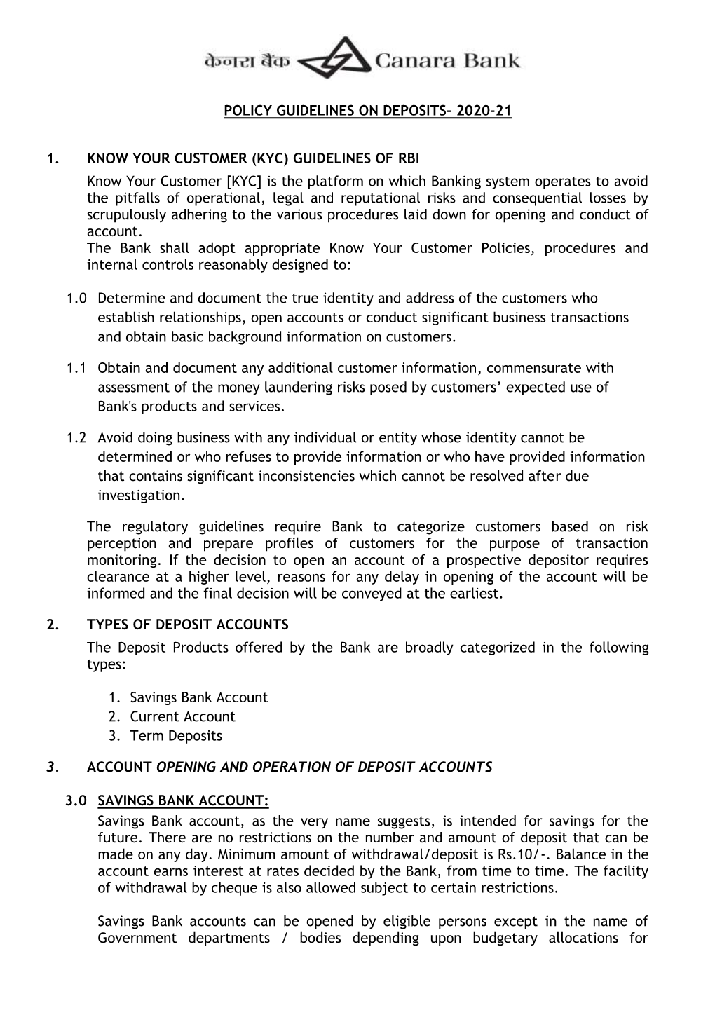 Policy Guidelines on Deposits- 2020-21