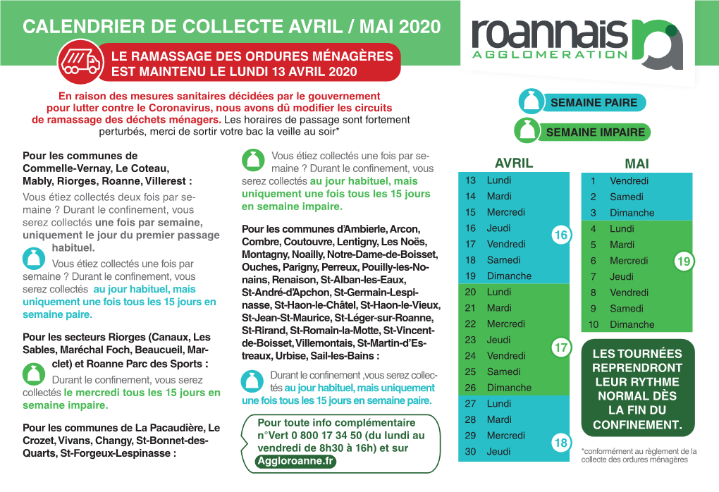 Calendrier De Collecte Avril / Mai 2020