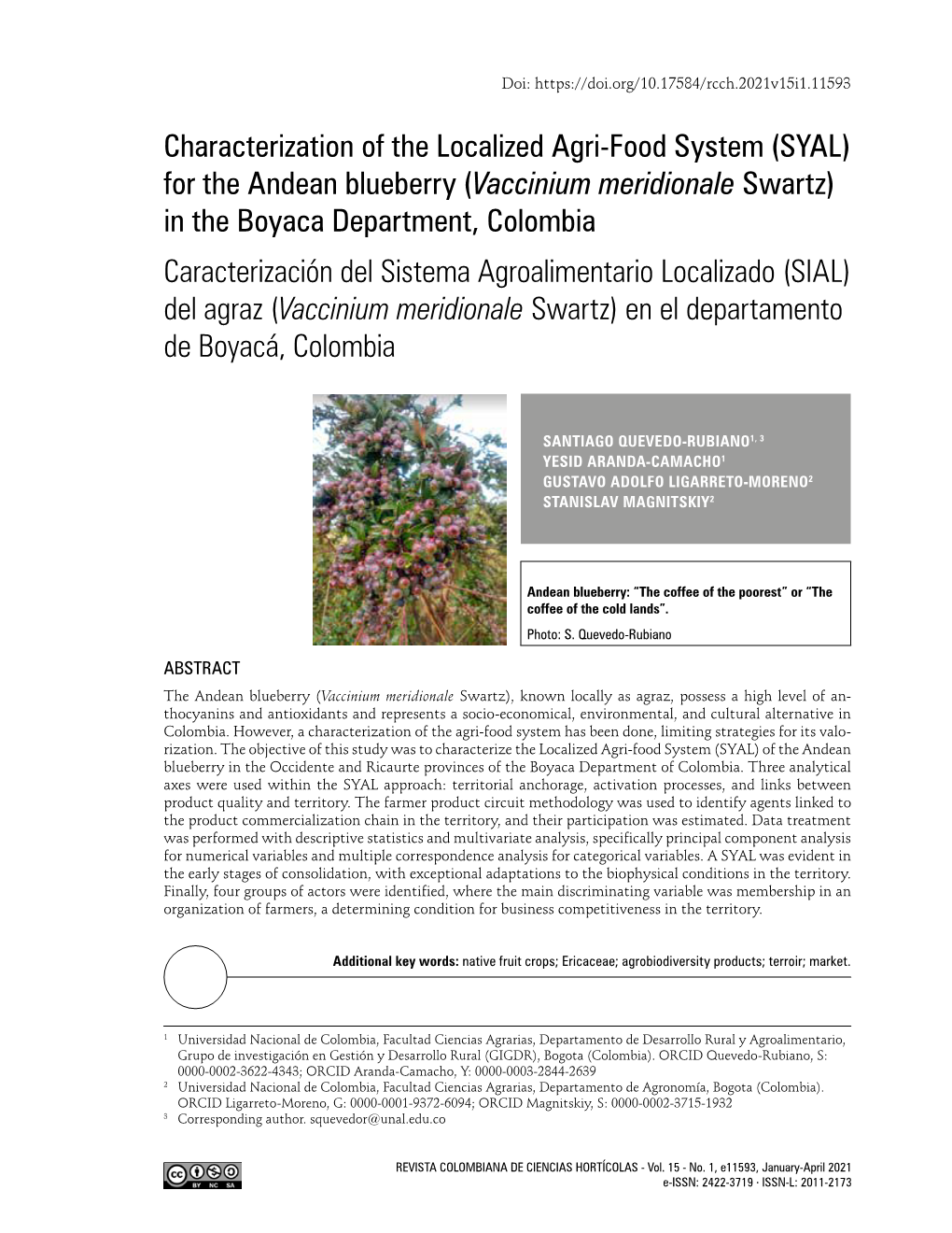 SYAL) for the Andean Blueberry (Vaccinium Meridionale Swartz