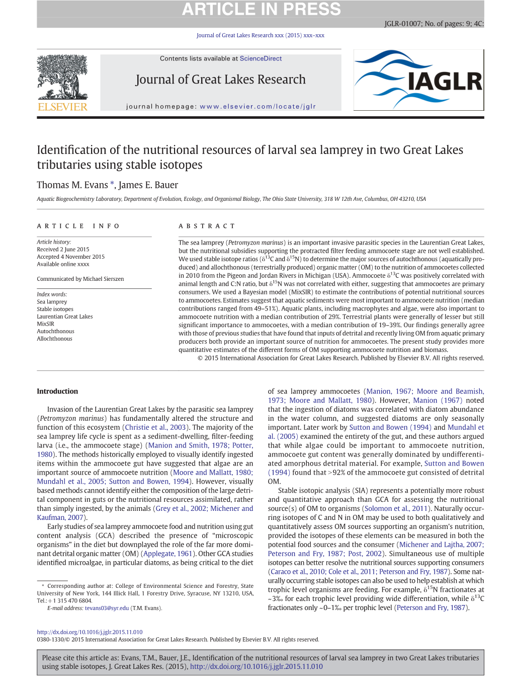 Identification of the Nutritional Resources of Larval Sea Lamprey In