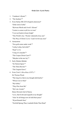 1 Orals List---Lyric Poetry 1. “Caedmon's Hymn”* 2. “The