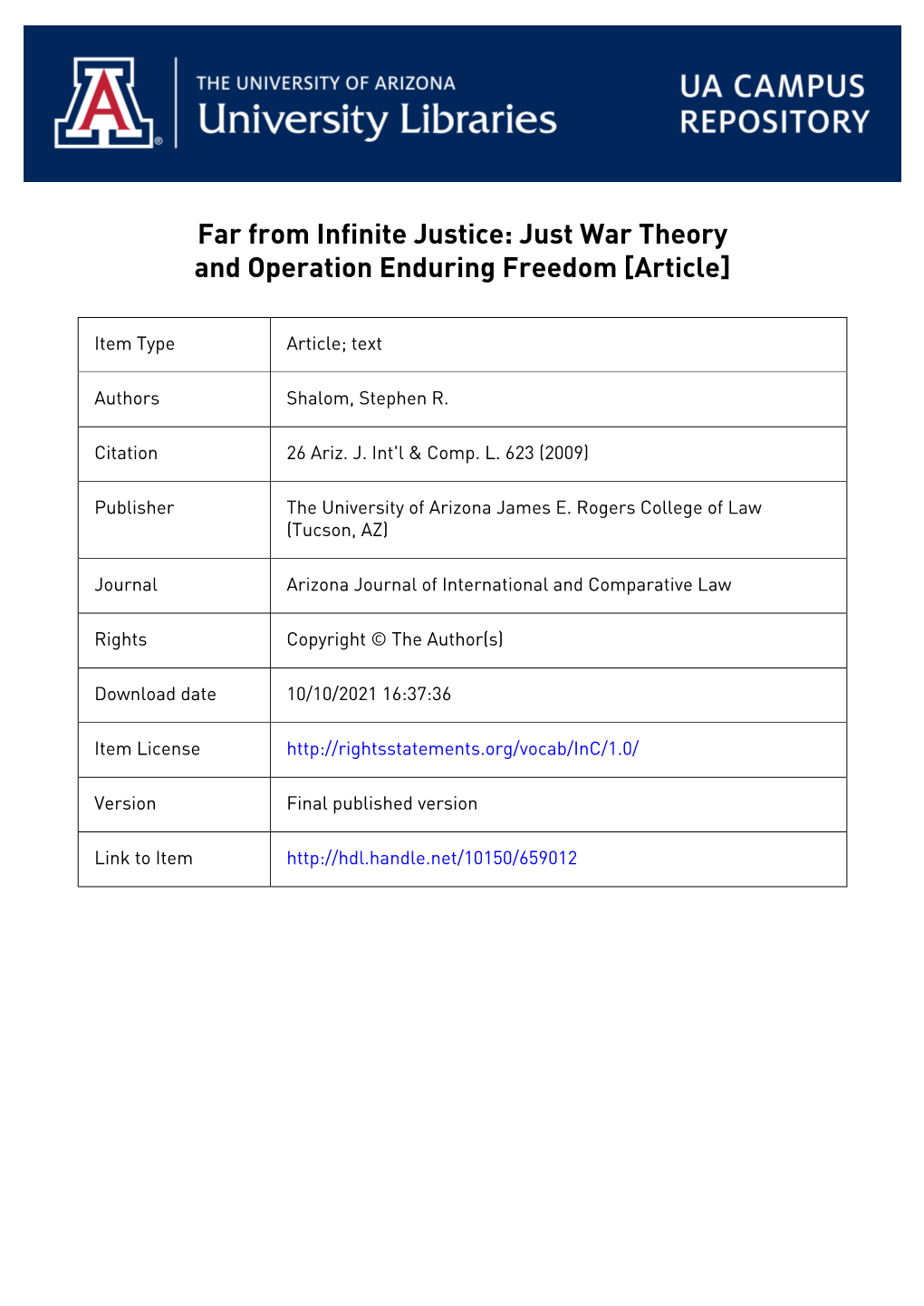 Far from Infinite Justice: Just War Theory and Operation Enduring Freedom [Article]