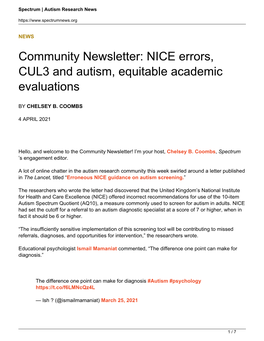 NICE Errors, CUL3 and Autism, Equitable Academic Evaluations