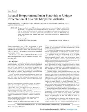 Isolated Temporomandibular Synovitis As Unique Presentation of Juvenile Idiopathic Arthritis