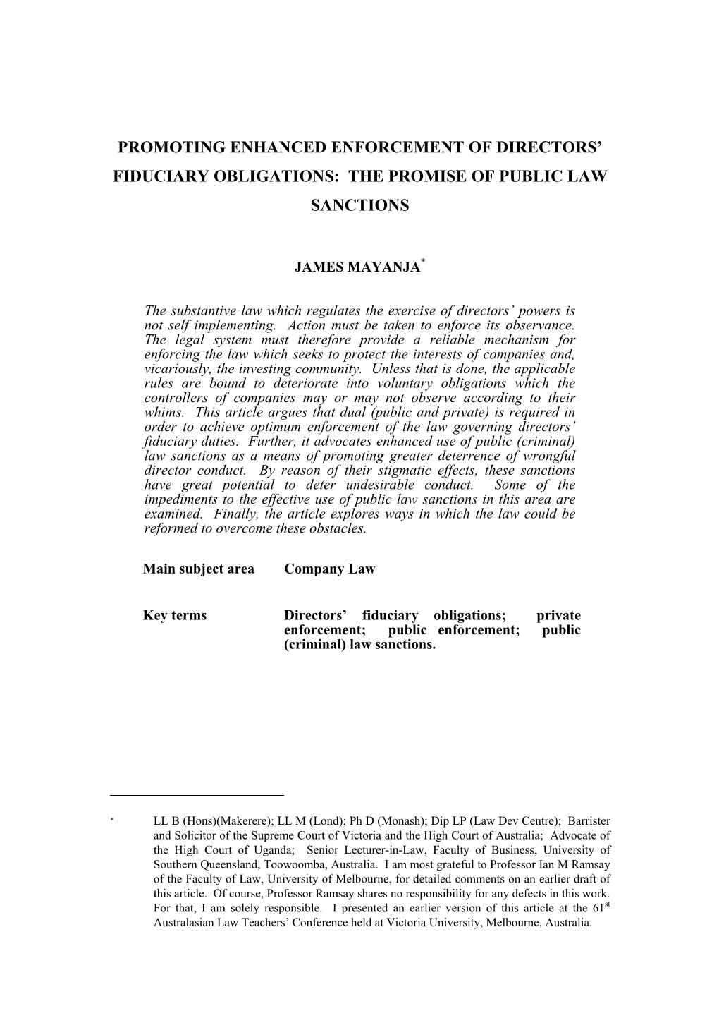 Promoting Enhanced Enforcement of Directors’ Fiduciary Obligations: the Promise of Public Law Sanctions