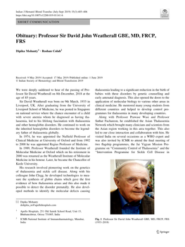 Obituary: Professor Sir David John Weatherall GBE, MD, FRCP, FRS