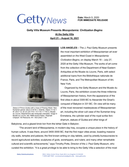 Getty Villa Museum Presents Mesopotamia: Civilization Begins at the Getty Villa April 21 – August 16, 2021