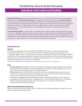 Oral Health Fact Sheet for Dental Professionals Individuals with Intellectual Disability