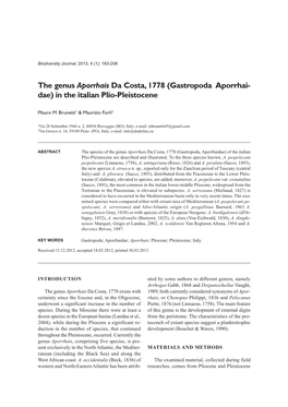 The Genus Aporrhais Da Costa, 1778 (Gastropoda Aporrhai- Dae) in the Italian Plio-Pleistocene