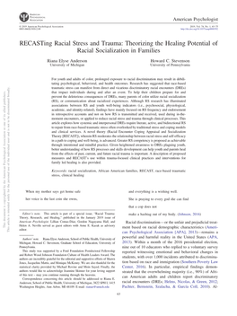 Recasting Racial Stress and Trauma: Theorizing the Healing Potential of Racial Socialization in Families