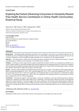 Exploring the Factors Influencing Consumers to Voluntarily Reward Free Health Service Contributors in Online Health Communities: Empirical Study