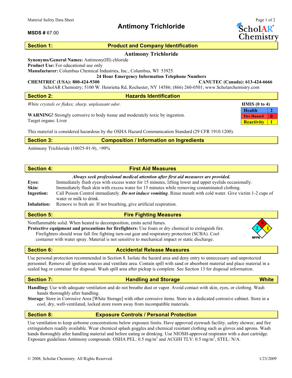 Antimony Trichloride MSDS # 67.00