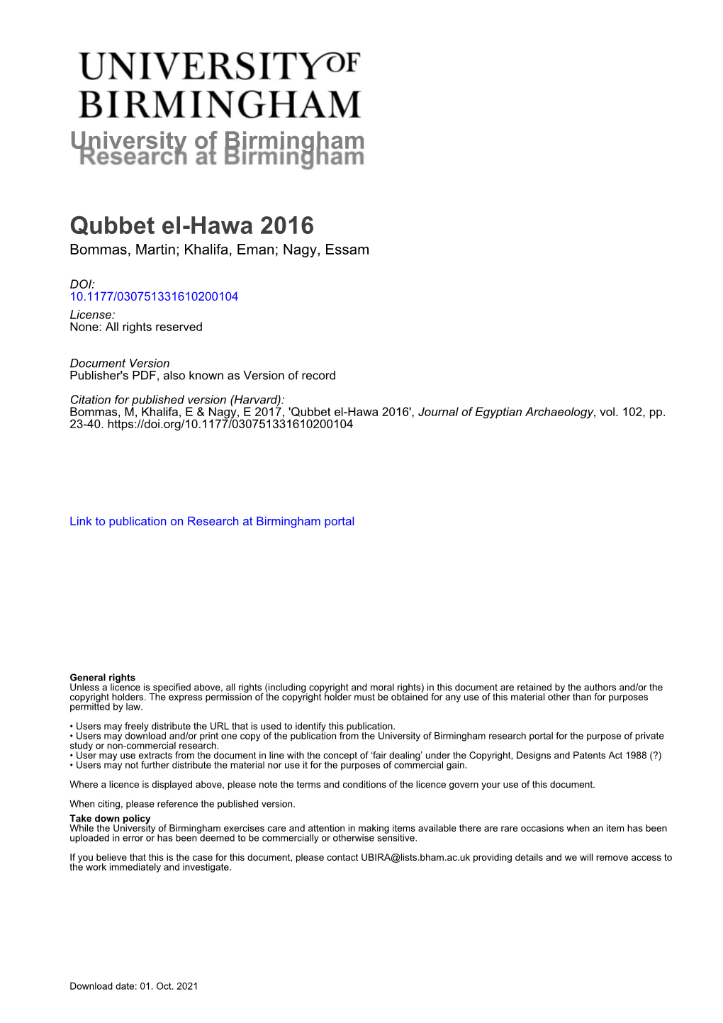University of Birmingham Qubbet El-Hawa 2016