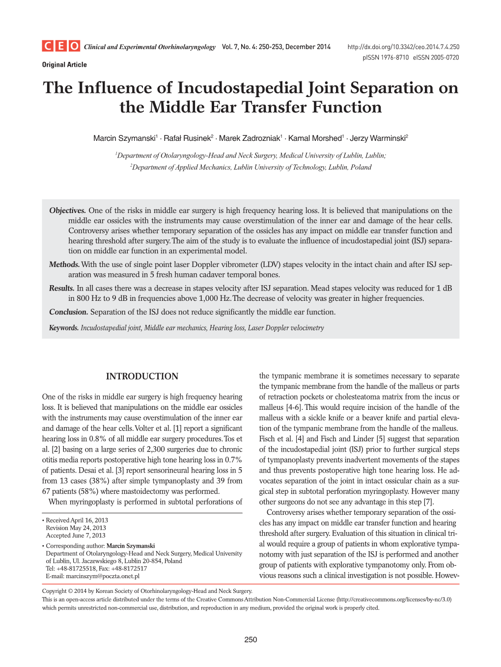 The Influence of Incudostapedial Joint Separation on the Middle Ear Transfer Function