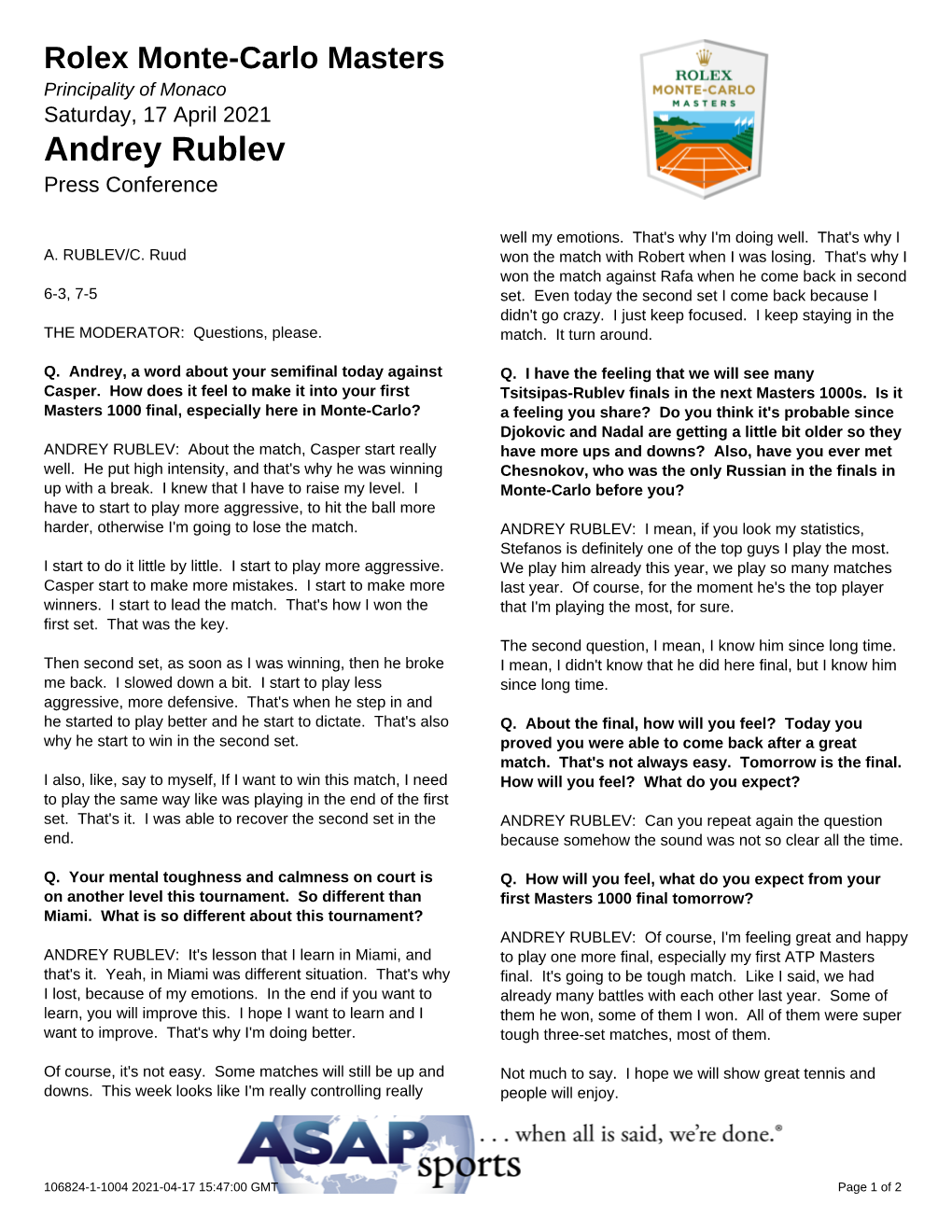 Andrey Rublev Press Conference