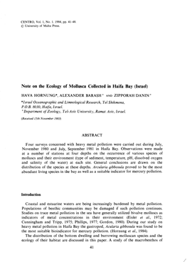 Note on the Ecology of Mollusca Collected in Haifa Bay (Israel)